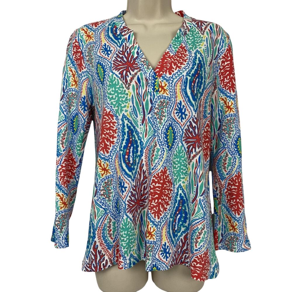 Lilly Pulitzer Tunic Top Womens Small Odette Let Minnow Blue Red V Neck Nautical